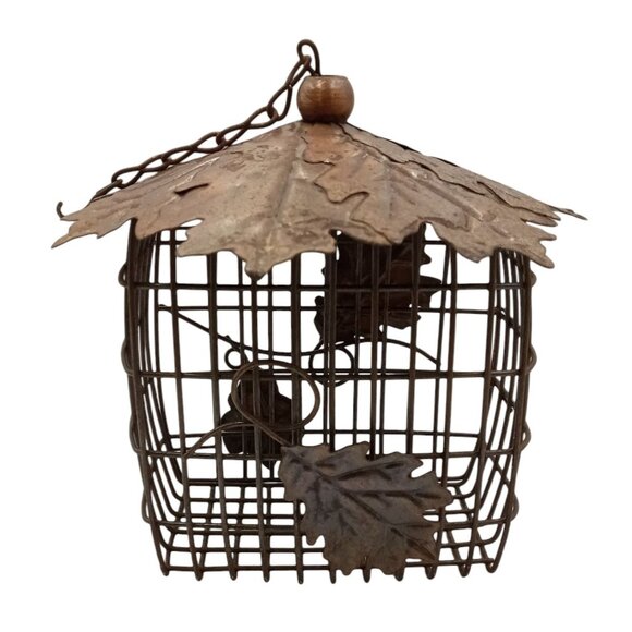Large Wire Bird Feeder Wire Barrier Guard With Leaves Lid and Side Decor Chain - Picture 4 of 13